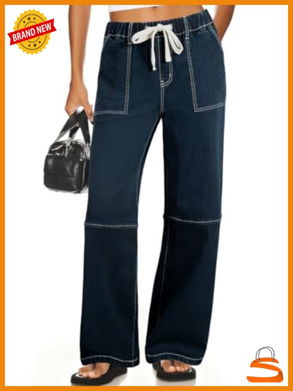 Wide Leg Denim Jeans High Waisted Elastic Drawstring Baggy Pull On Pants with